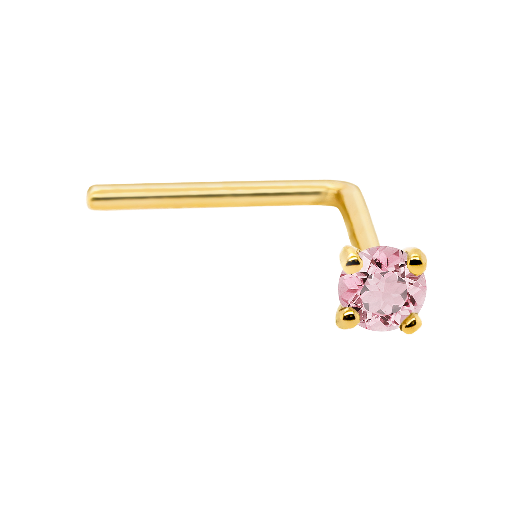 22G Solid 14Kt Gold L-Shape Nose Stud with real Pink Tourmaline Gemstone, 14kt Yellow Gold or 14kt White Gold Prong Setting - October Birthstone Nose Ring