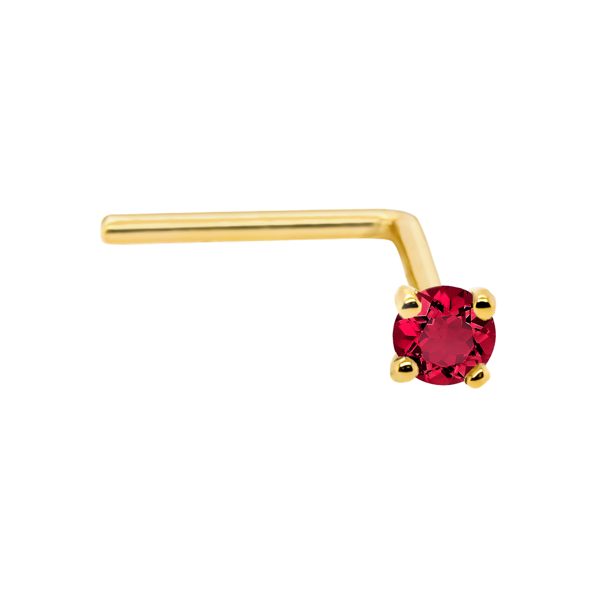 22G Solid 14Kt Gold L-Shape Nose Stud with real Ruby Gemstone, 14kt Yellow Gold or 14kt White Gold Prong Setting - July Birthstone Nose Ring