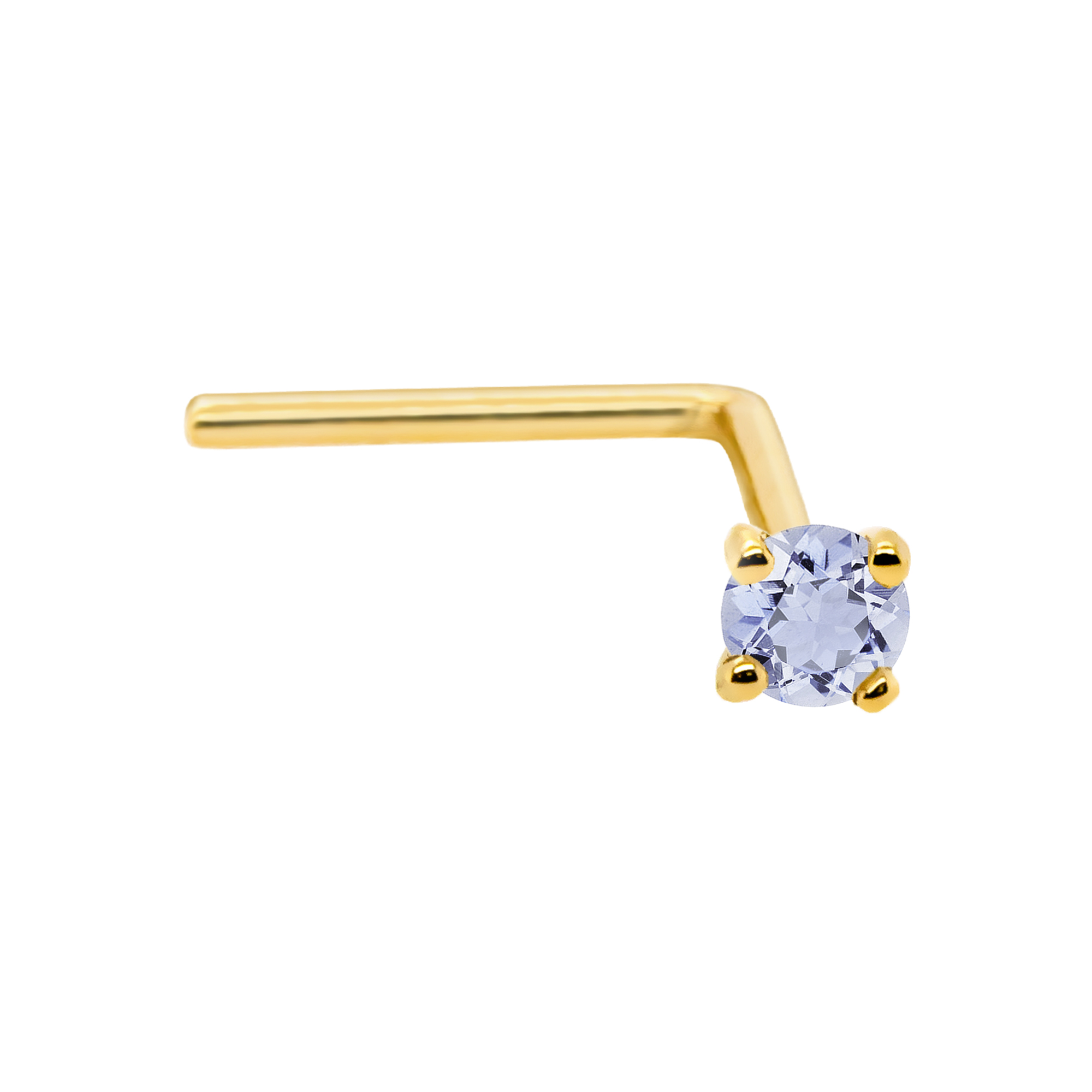 22G Solid 14Kt Gold L-Shape Nose Stud with real Tanzanite Gemstone, 14kt Yellow Gold or 14kt White Gold Prong Setting - December Birthstone Nose Ring