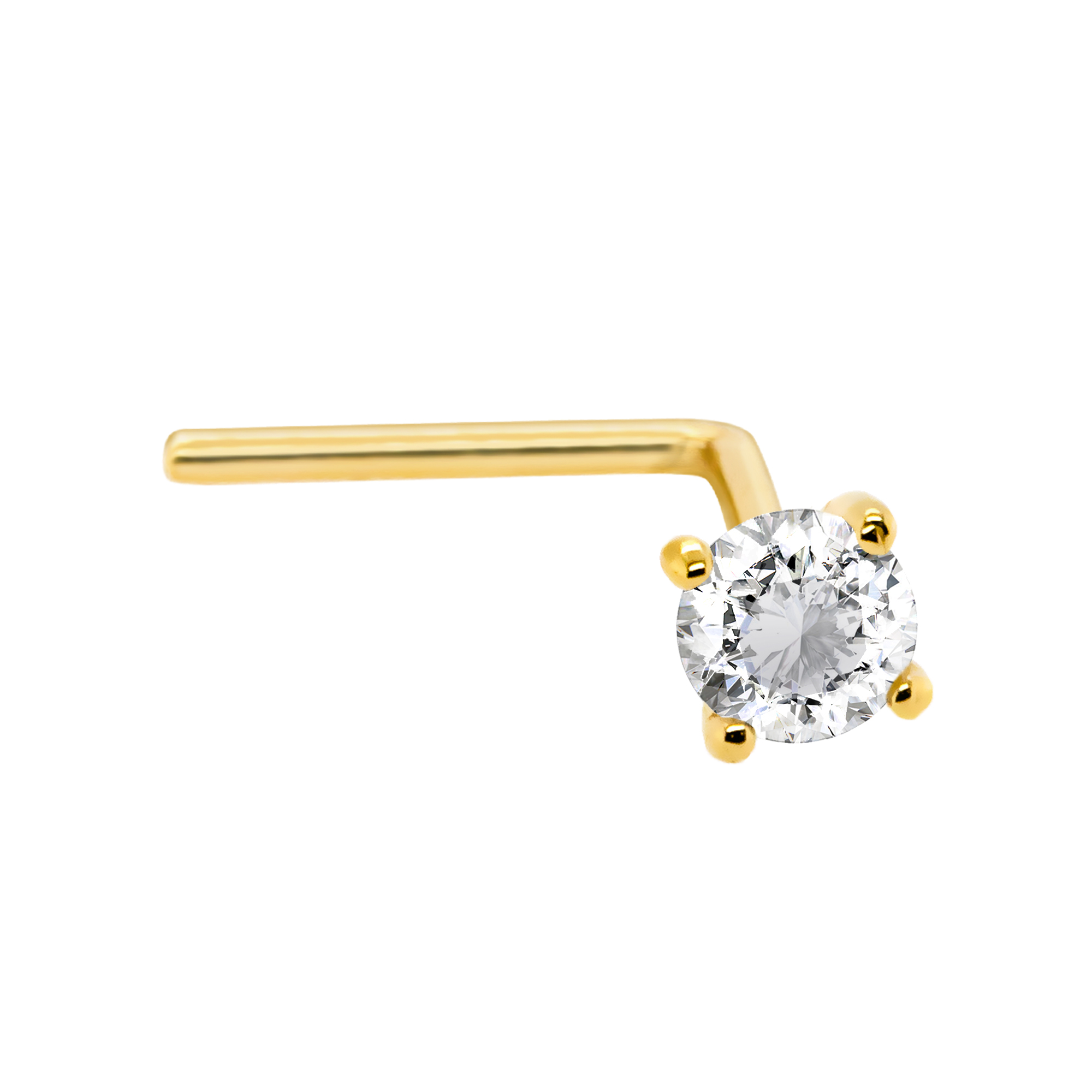 22G Solid 14Kt Gold L-Shape Nose Stud with real White Diamond Gemstone, 14kt Yellow Gold or 14kt White Gold Prong Setting - April Birthstone Nose Ring