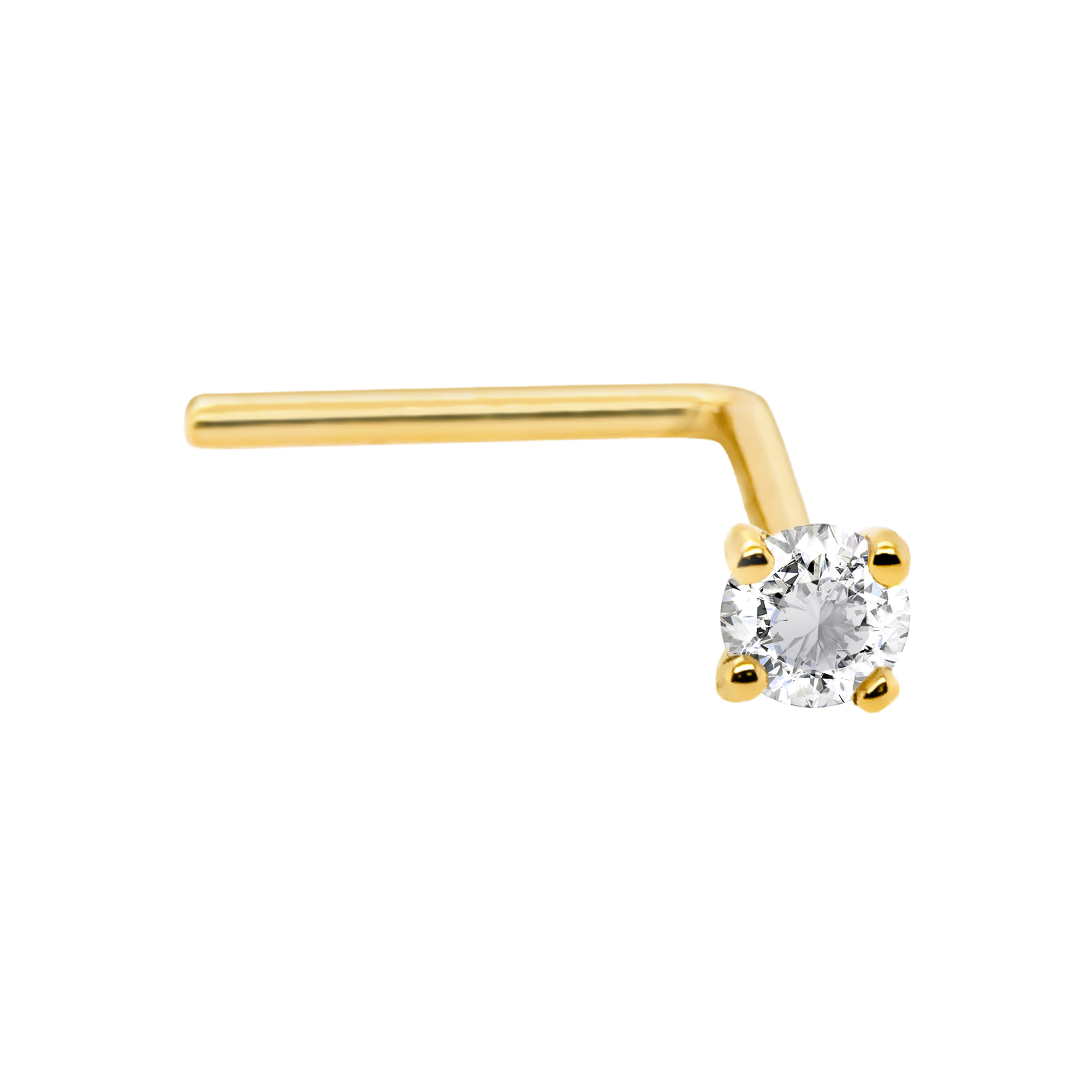 22G Solid 14Kt Gold L-Shape Nose Stud with real White Diamond Gemstone, 14kt Yellow Gold or 14kt White Gold Prong Setting - April Birthstone Nose Ring