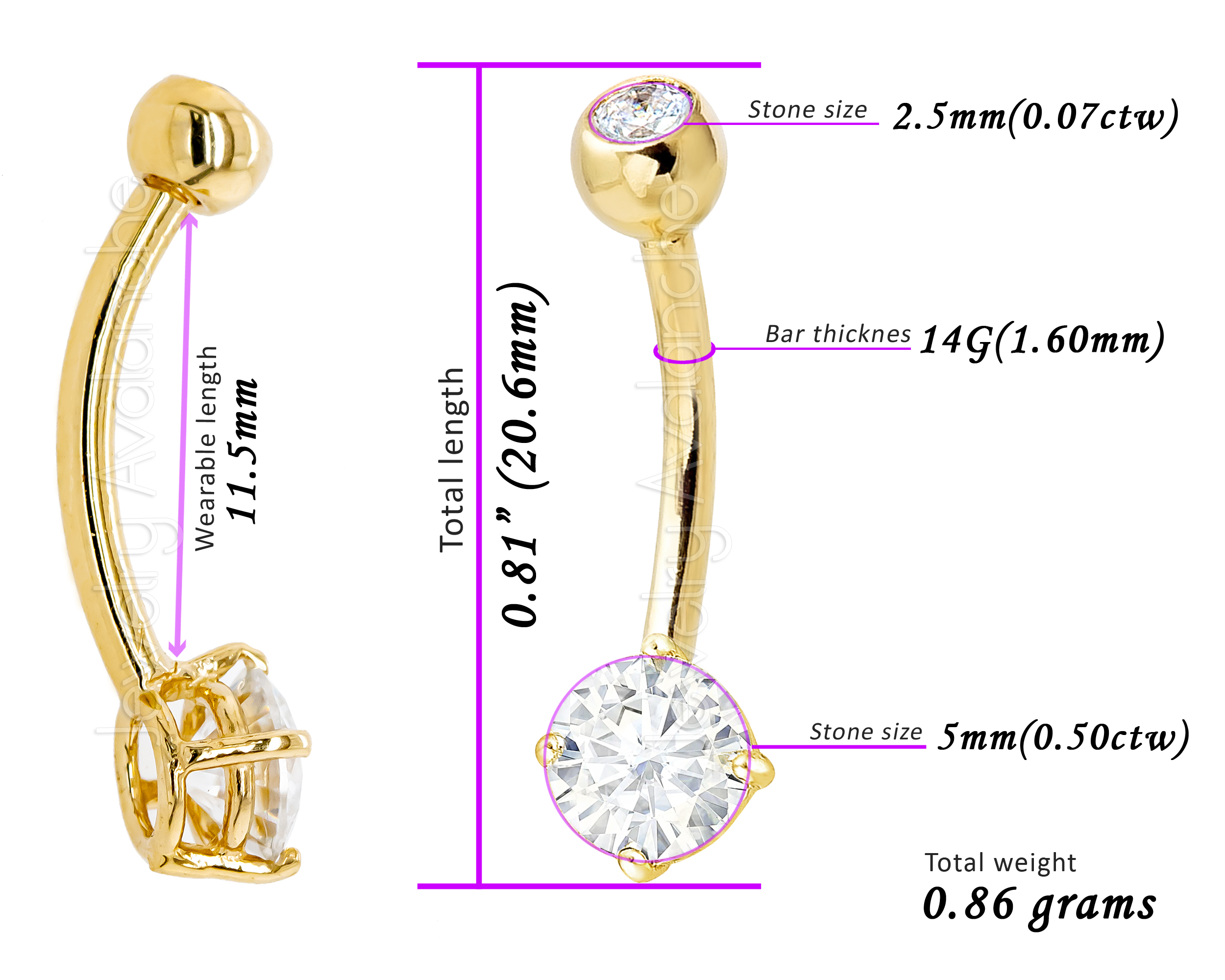 0.57ctw Moissanite Solid 14Kt Gold Belly Ring, 14G Belly Button Barbell,  Navel Piercing Jewelry, 14Kt Yellow Gold/White Gold Body Jewelry – Jewelry  Avalanche