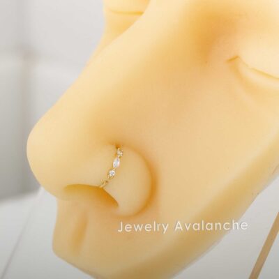 Solid 20G 14K Yellow Gold 3-stone Nose Hoop Ring Marquise & Round CZ Accent, 8mm Inner Diameter Nose Ring, Cartilage Helix Ring, Tragus Ring - Image 6