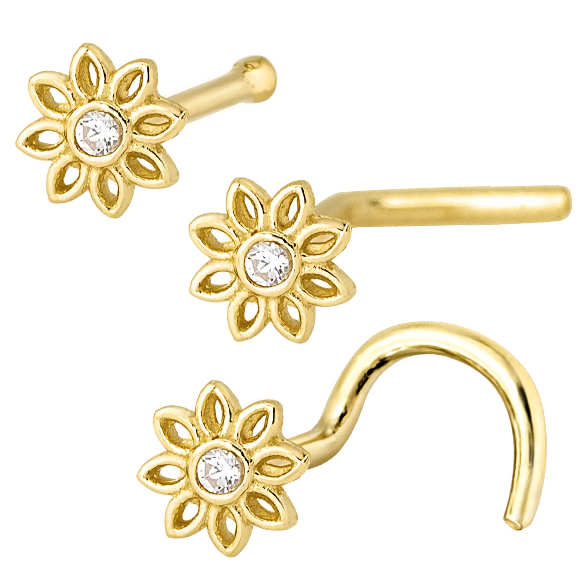 20G Solid 14K Gold Sunflower Nose Stud CZ Accented Nose Ring, L-Bend, Ball-end, Nose Screw Nose Stud, Nose Piercing Jewelry, Nose Pin - Image 2