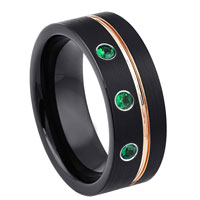 Personalized Black Pipe Cut Tungsten Wedding Band with 3 Emerald Gemstones, Rose Gold Grooved Trim, Comfort-fit, Mens Engagement Band, Anniversary Ring, 8MM