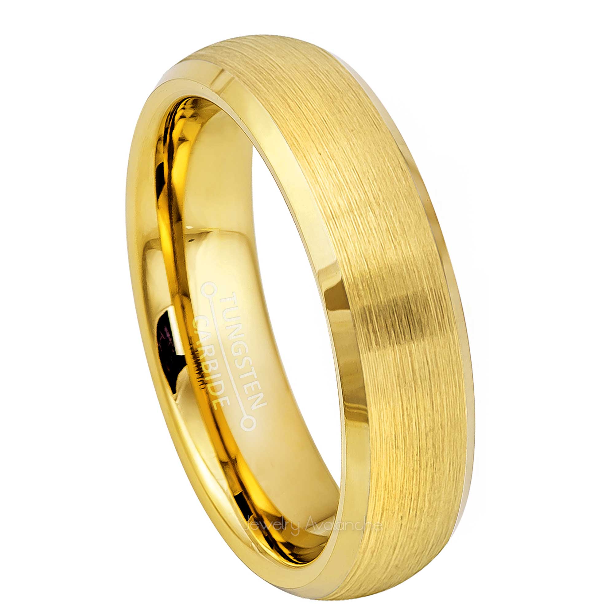 6mm Womens Yellow Gold Tungsten Wedding Band, Brushed Center Comfort-Fit, Beveled Edge Style, Tungsten Carbide Ring