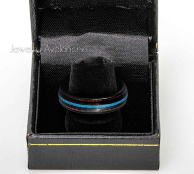 6mm Womens Black Tungsten Wedding Band, Wood & Turquoise Inlay Comfort-Fit, Dome Style, Tungsten Carbide Ring