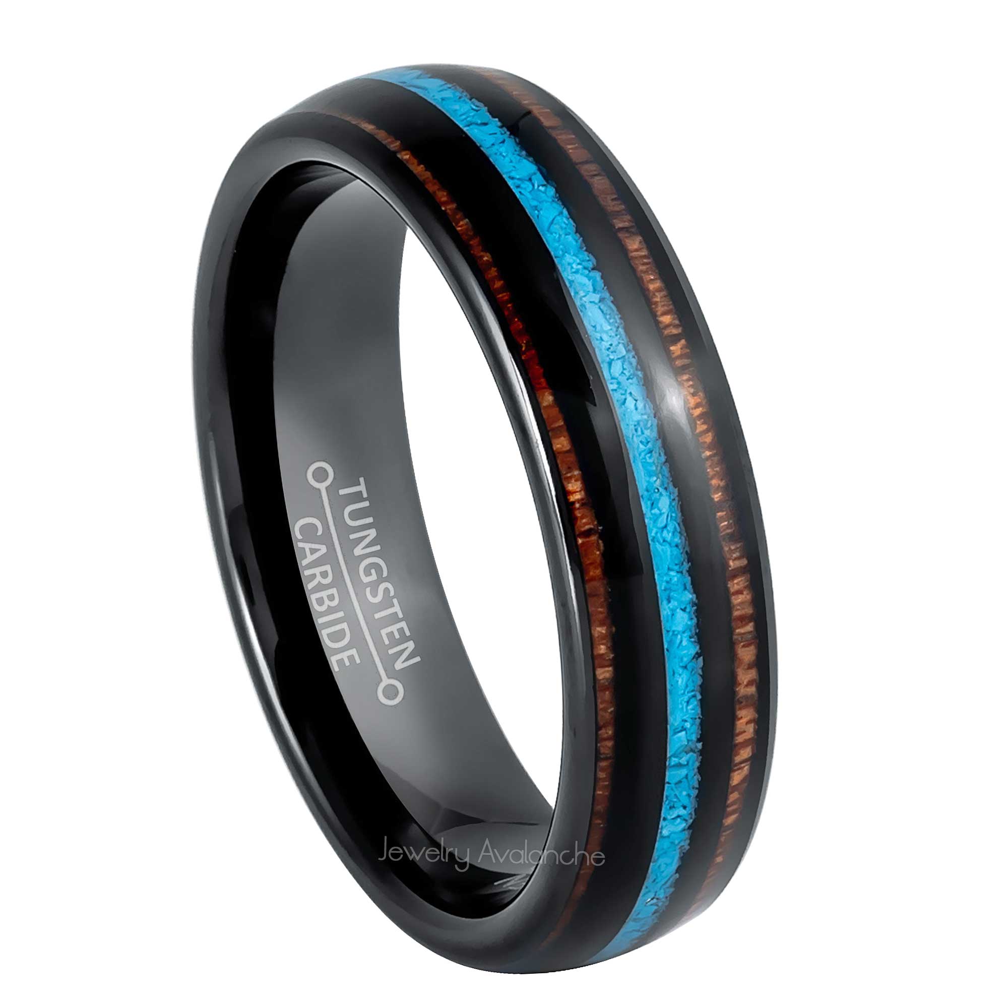 6mm Womens Black Tungsten Wedding Band, Wood & Turquoise Inlay Comfort-Fit, Dome Style, Tungsten Carbide Ring