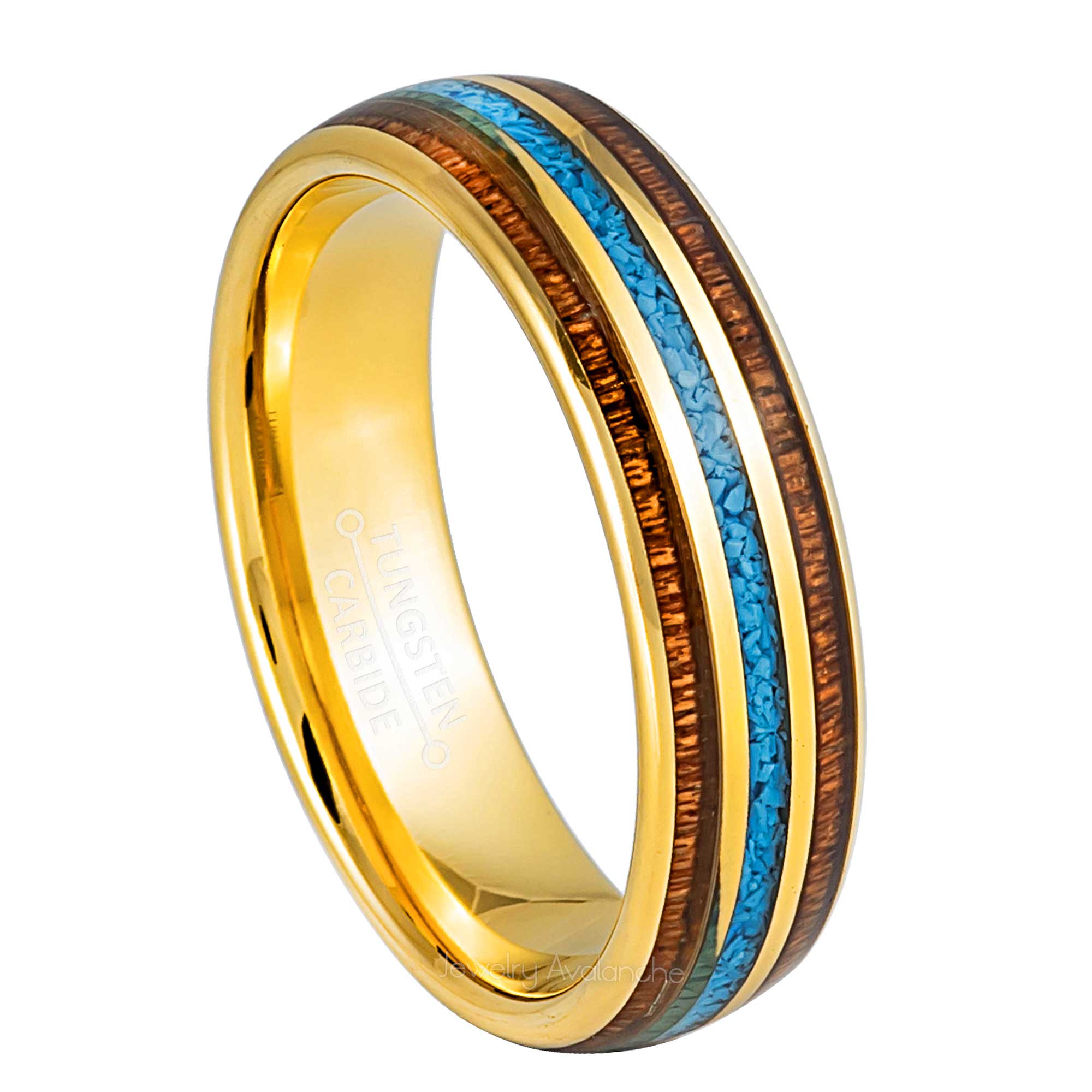 6mm Womens Yellow Gold Tungsten Wedding Band, Wood & Turquoise Inlay Comfort-Fit, Dome Style, Tungsten Carbide Ring