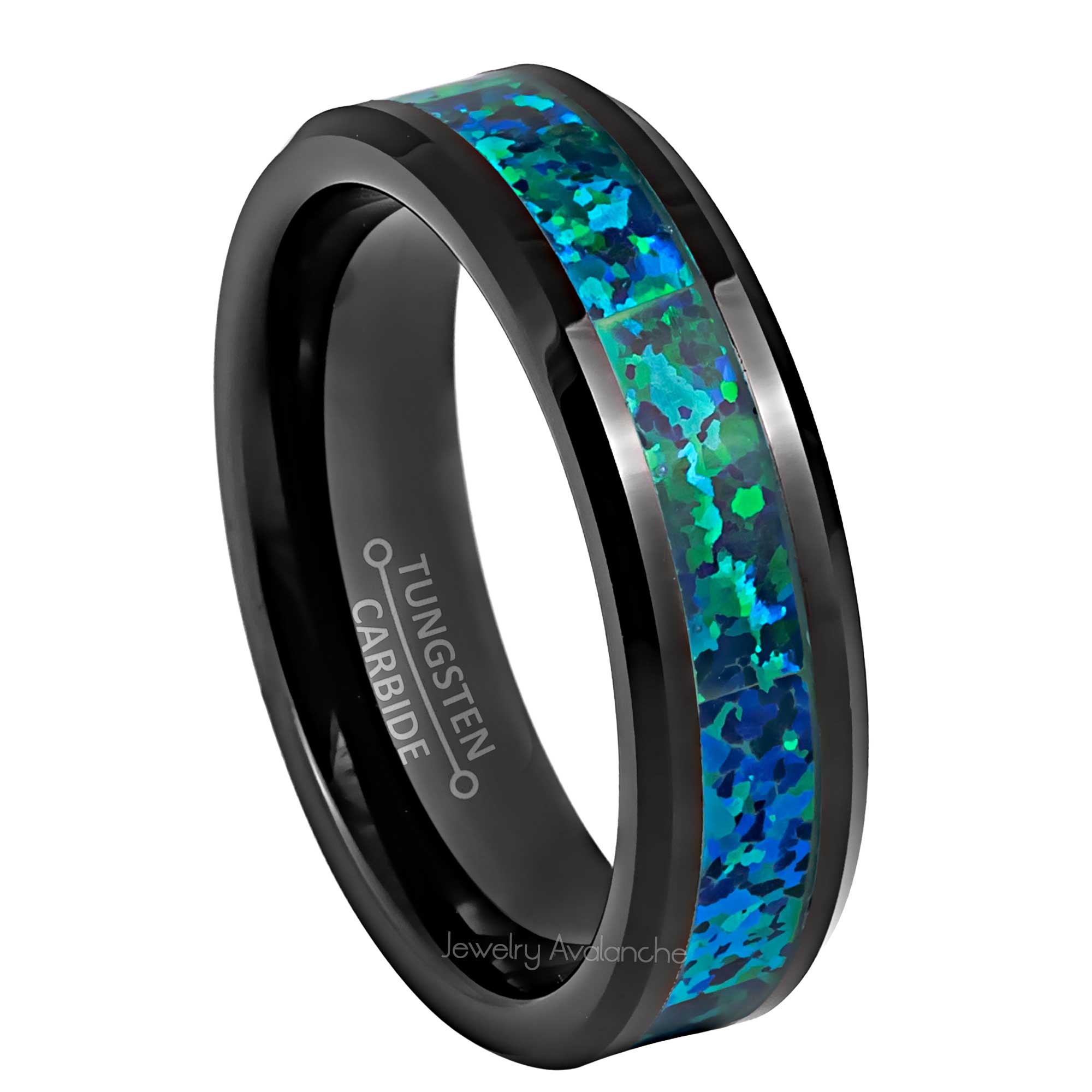 6mm Womens Black Tungsten Wedding Band, Emerald Opal Inlay Comfort-Fit, Beveled Edge Style, Tungsten Carbide Ring