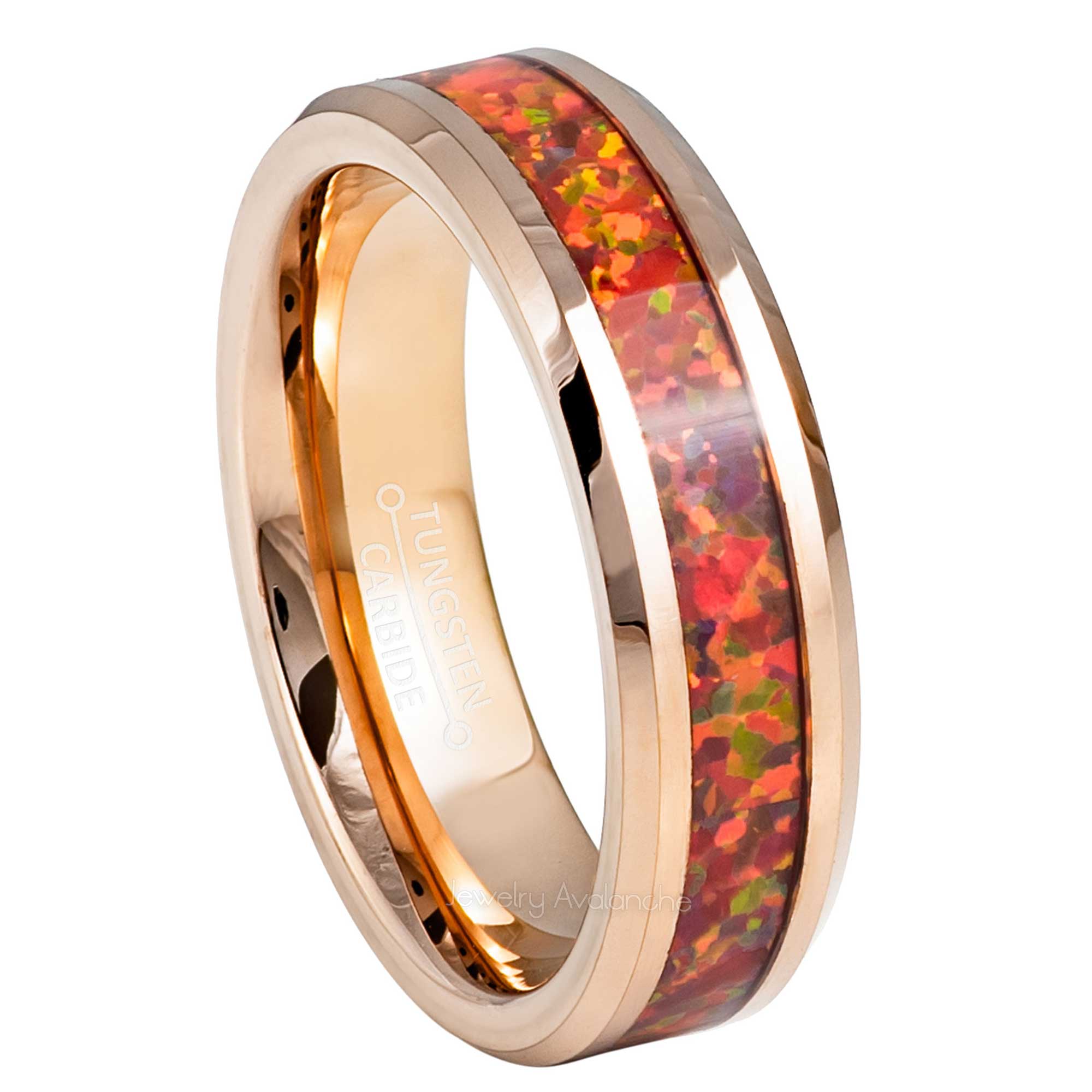 6mm Womens Rose Gold Tungsten Wedding Band, Fire Opal Inlay Comfort-Fit, Beveled Edge Style, Tungsten Carbide Ring