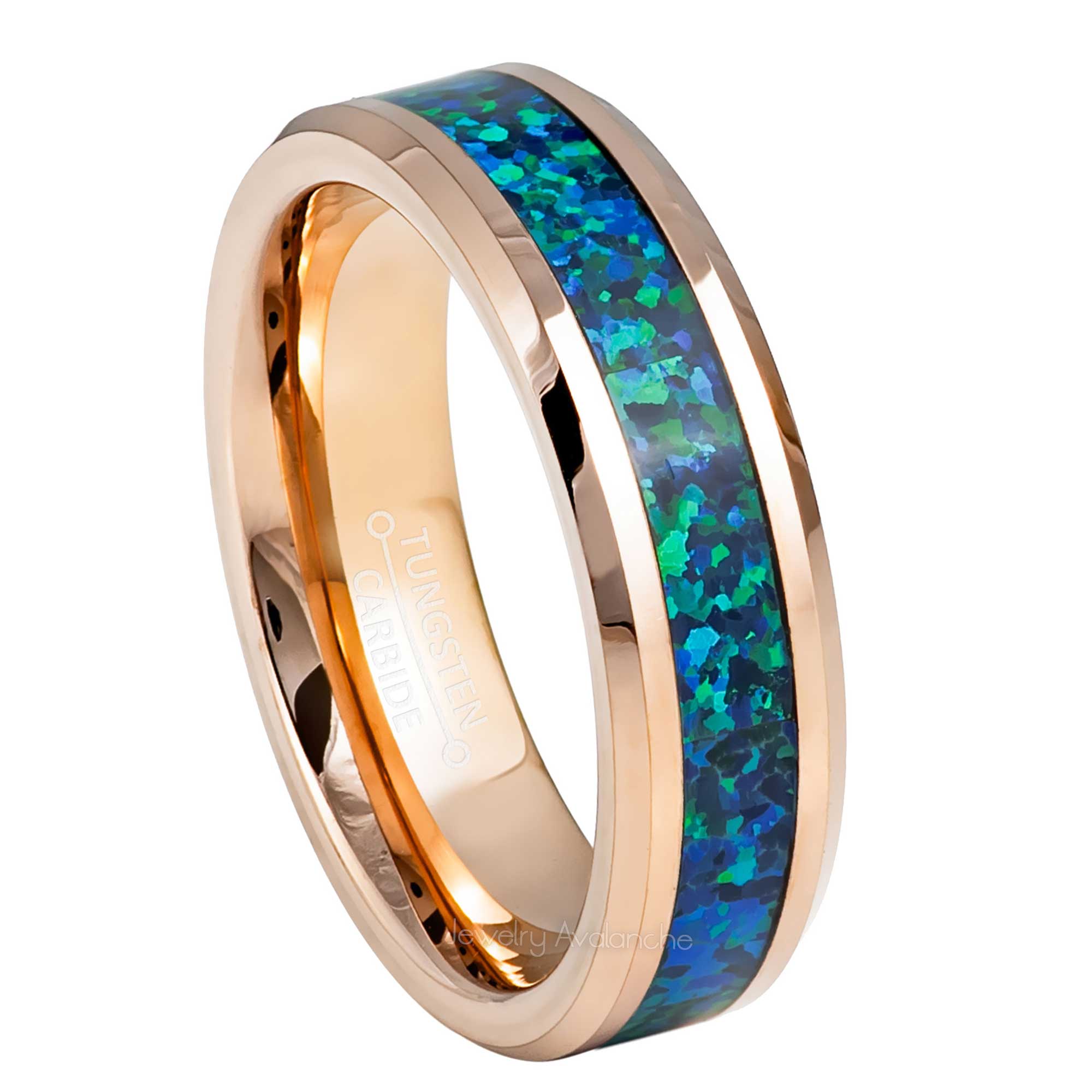 6mm Womens Rose Gold Tungsten Wedding Band, Emerald Opal Inlay Comfort-Fit, Beveled Edge Style, Tungsten Carbide Ring