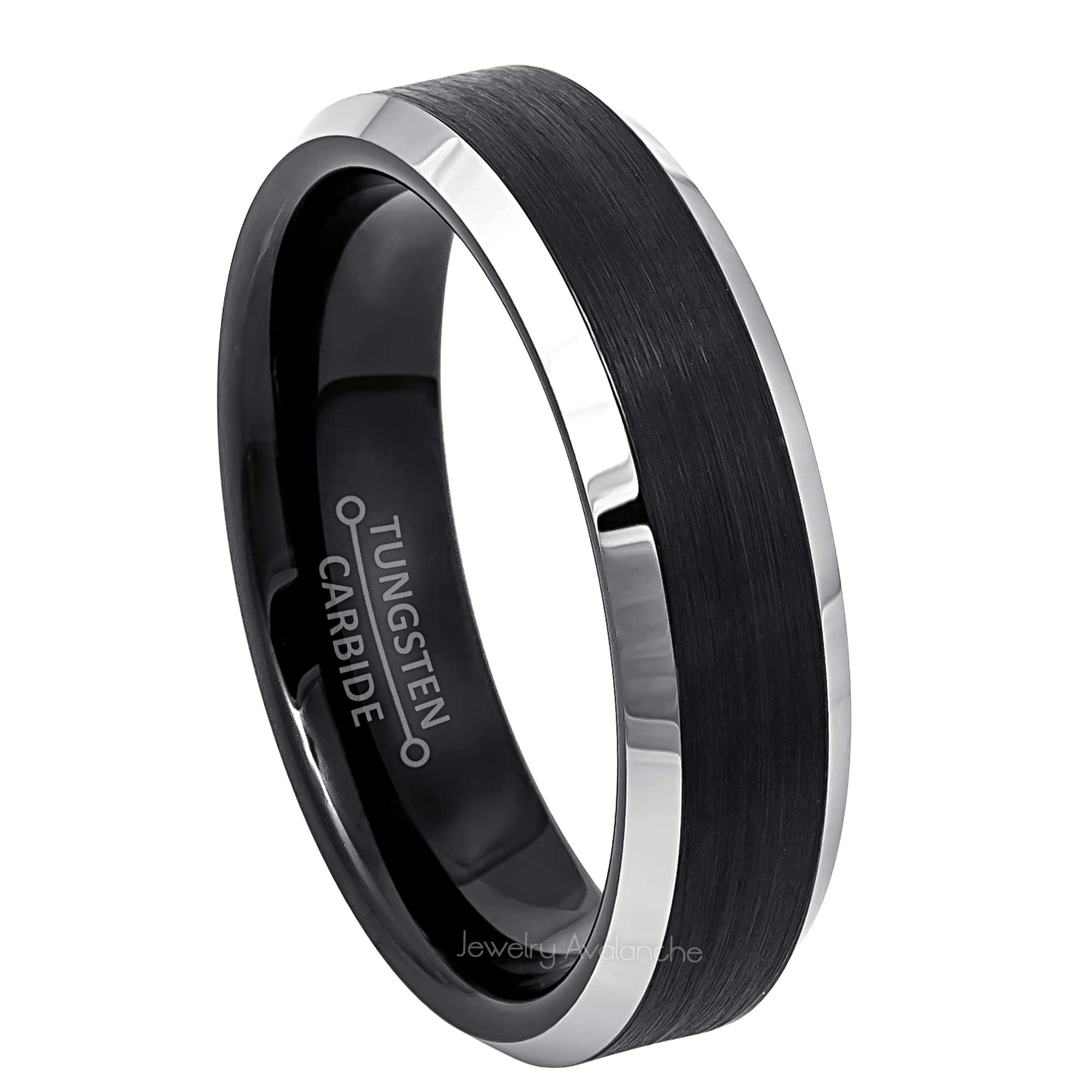 6mm Womens Black Tungsten Wedding Band, Brushed Center Comfort-Fit, Beveled Edge Style, Tungsten Carbide Ring