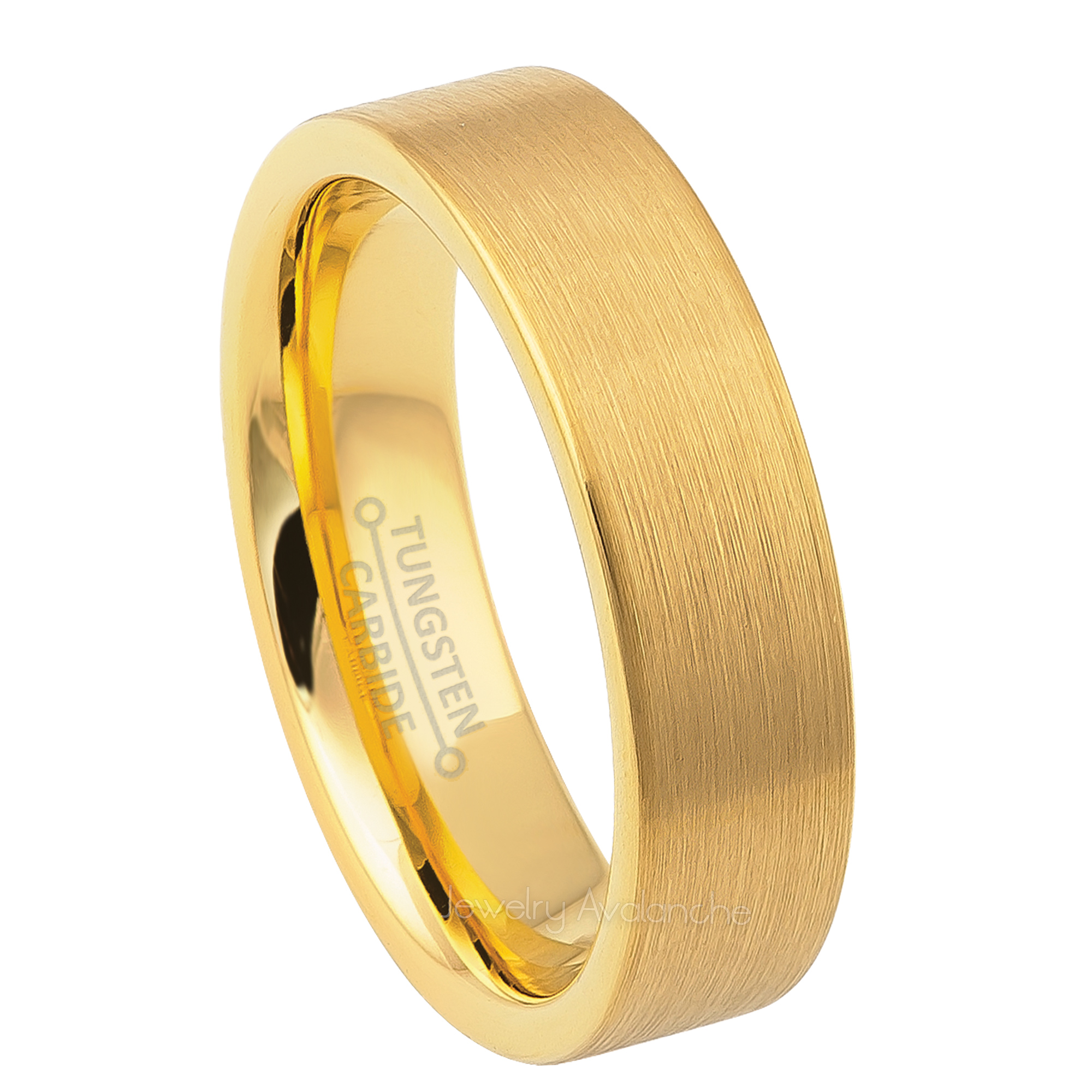 6mm Womens Yellow Gold Tungsten Wedding Band, Brushed Center Comfort-Fit, Pipe Cut Style, Tungsten Carbide Ring