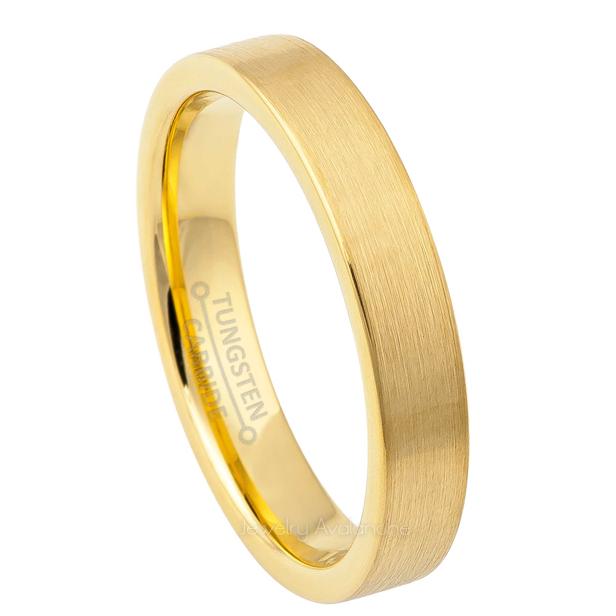 4mm Womens Yellow Gold Tungsten Wedding Band, Brushed Center Comfort-Fit, Pipe Cut Style, Tungsten Carbide Ring