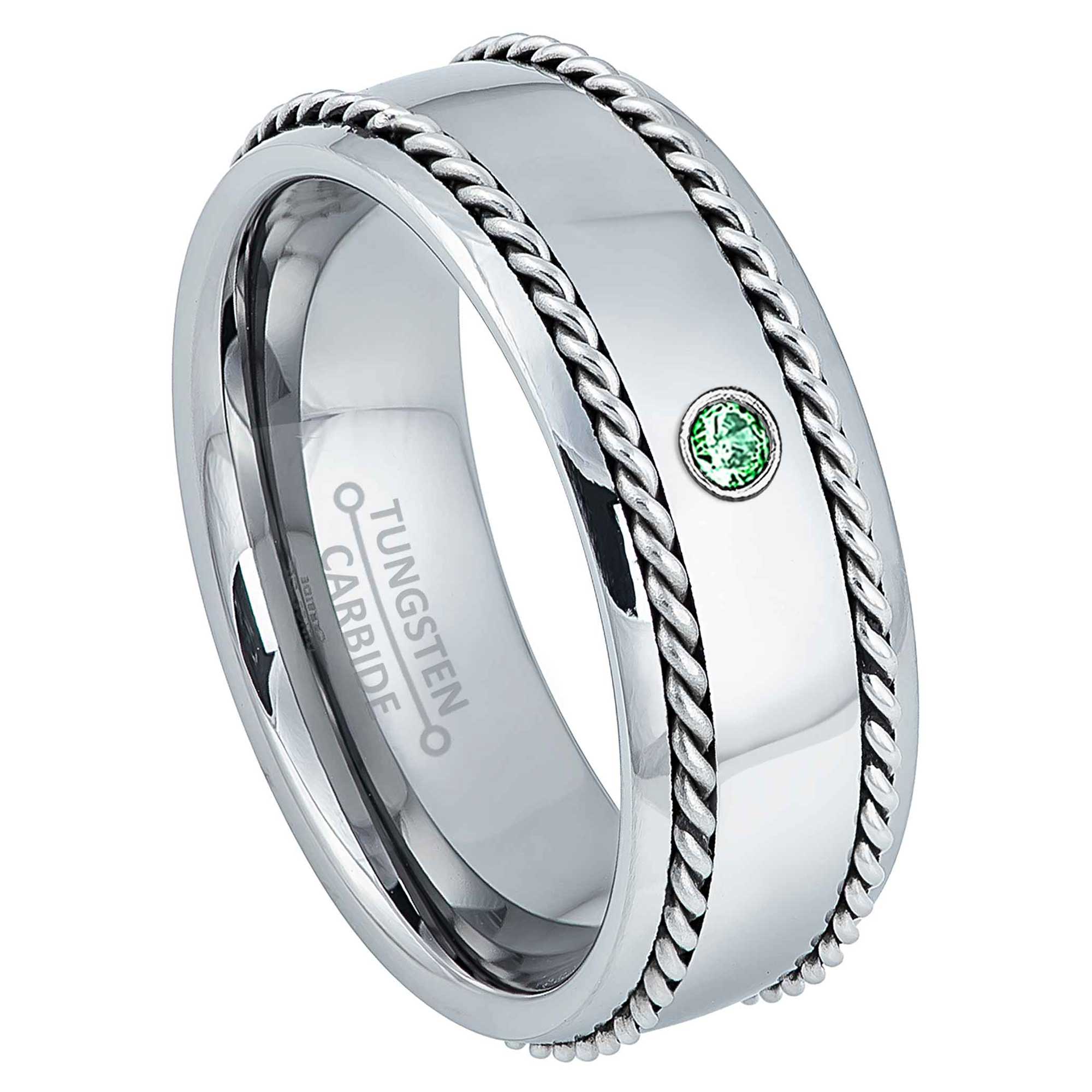 Personalized 0.07 Ct. Emerald Tungsten carbide Mens Wedding Band, Comfort-fit, 8mm Double Cable Tungsten Ring