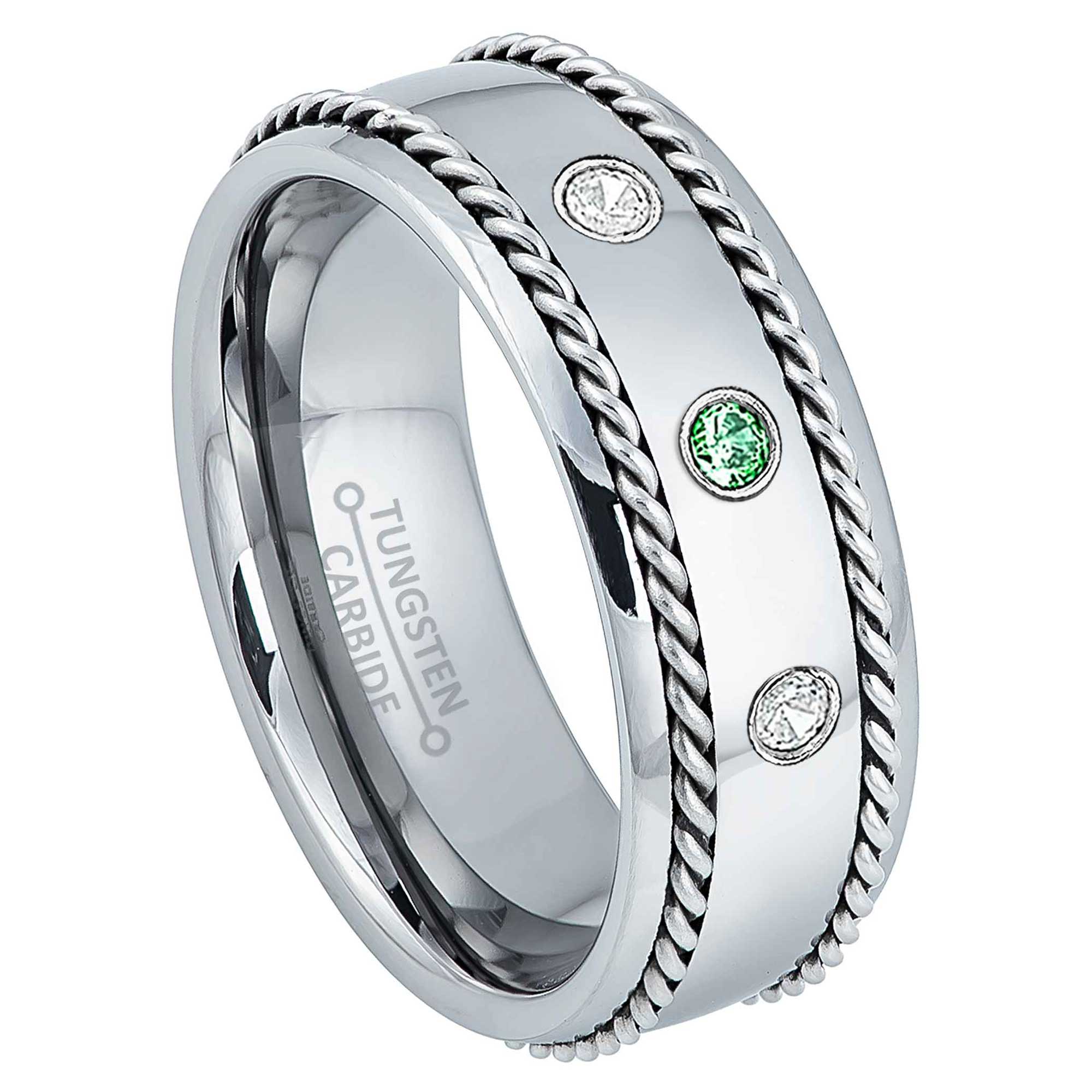 Personalized Tungsten carbide Mens Wedding Band, 3-stone Emerald & Diamond Ring, Comfort-fit Band, 8mm Double Cable Tungsten Ring