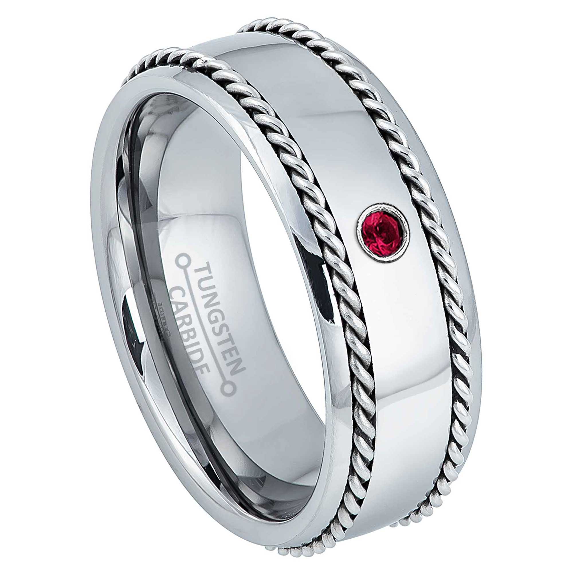 Personalized 0.07 Ct. Ruby Tungsten Carbide Mens Wedding Band, Comfort-fit, 8mm Double Cable Tungsten Ring