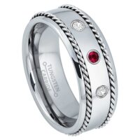 Personalized Tungsten Carbide Mens Wedding Band, 3-stone Ruby & Diamond Ring, Comfort-fit Band, 8mm Double Cable Tungsten Ring