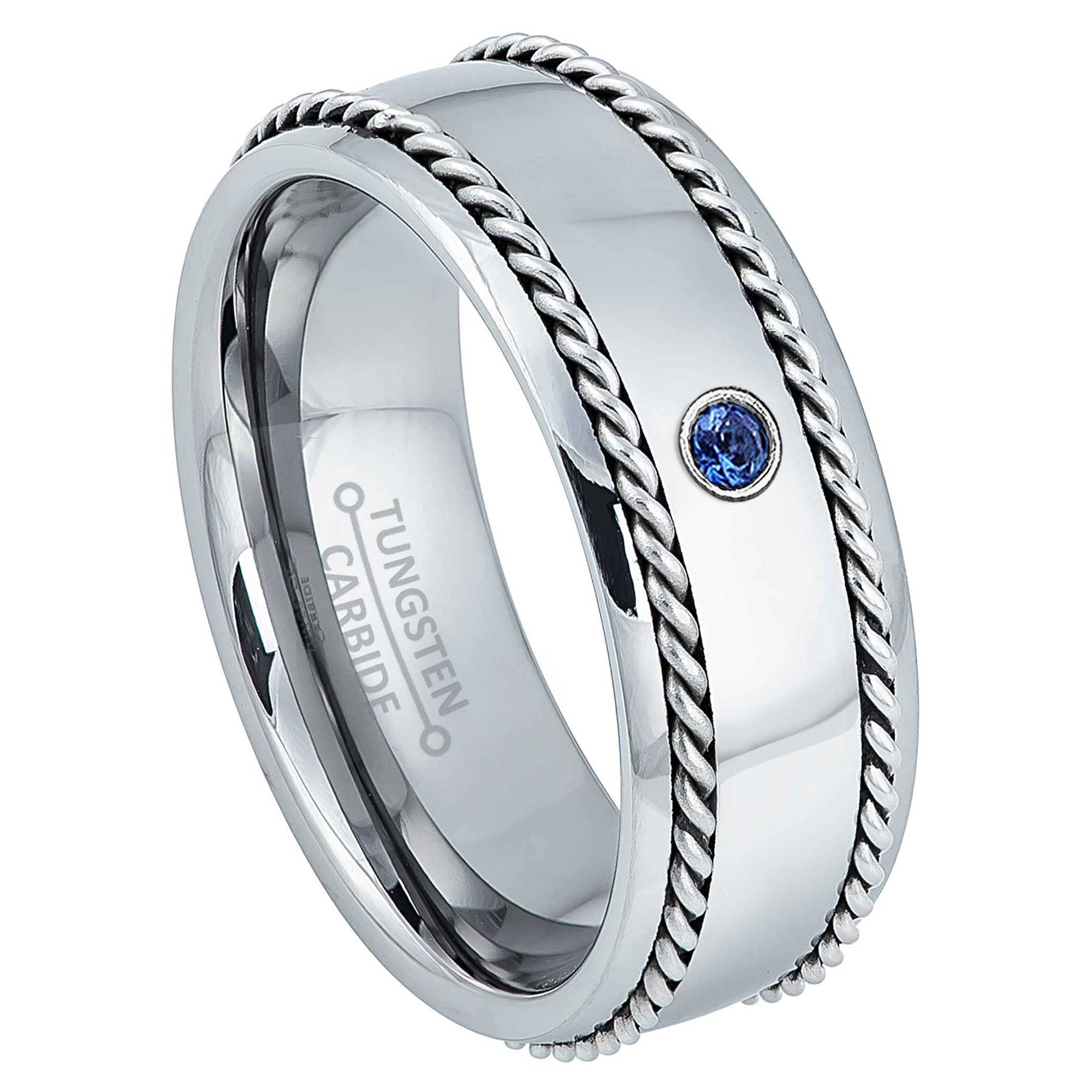 Personalized 0.07 Ct. Blue Sapphire Tungsten Carbide Mens Wedding Band, Comfort-fit, 8mm Double Cable Tungsten Ring