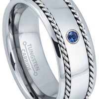 8mm Double Cable Tungsten Carbide Wedding Band with 1 Blue Sapphire Gemstone in 14K White Gold Bezel Setting