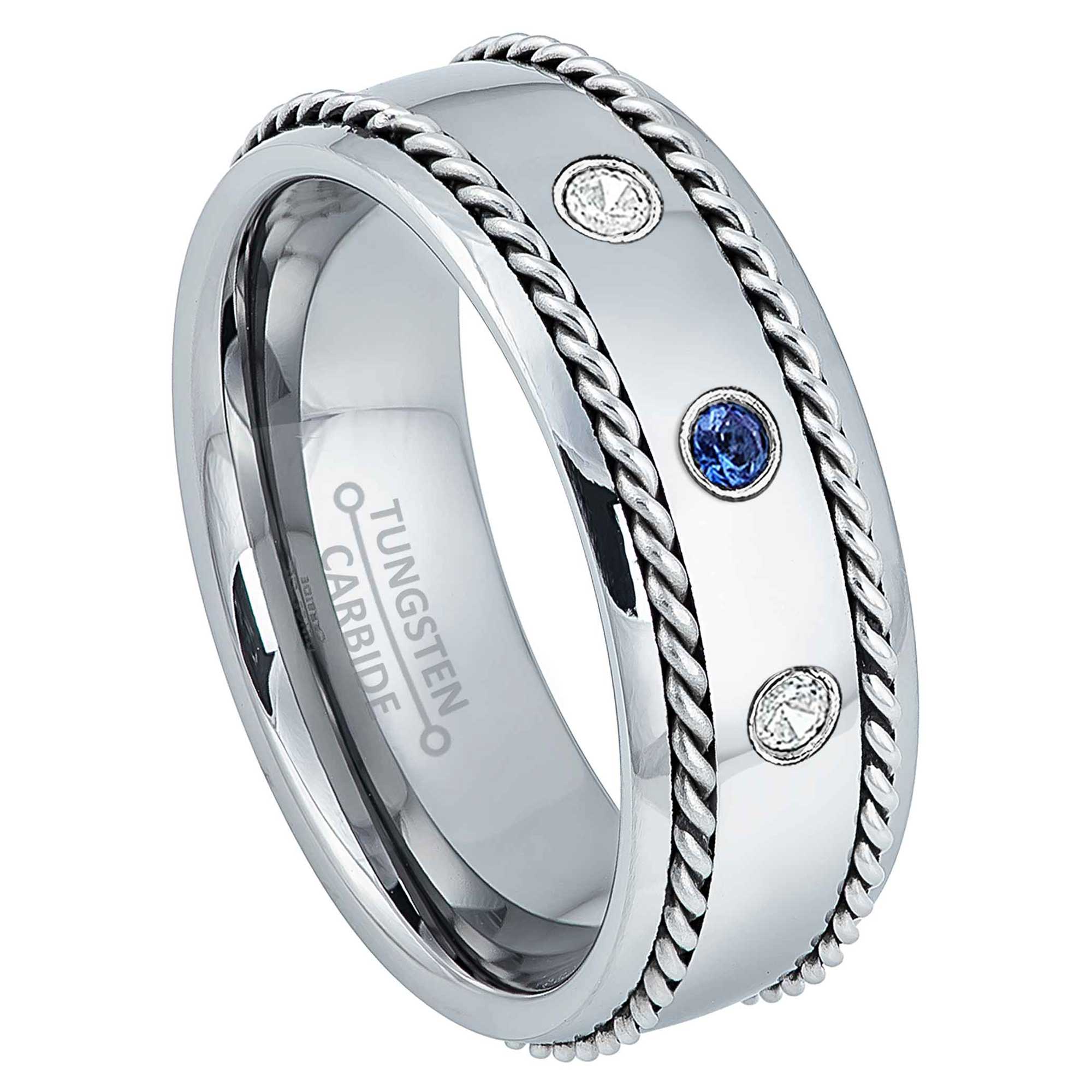 Personalized Tungsten Carbide Mens Wedding Band, 3-stone Blue Sapphire & Diamond Ring, Comfort-fit Band, 8mm Double Cable Tungsten Ring