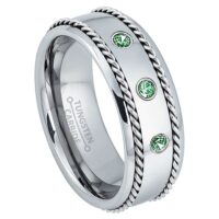 Personalized 0.21 Ct. 3-stone Emerald Tungsten carbide Mens Wedding Band, Comfort-fit, 8mm Double Cable Tungsten Ring