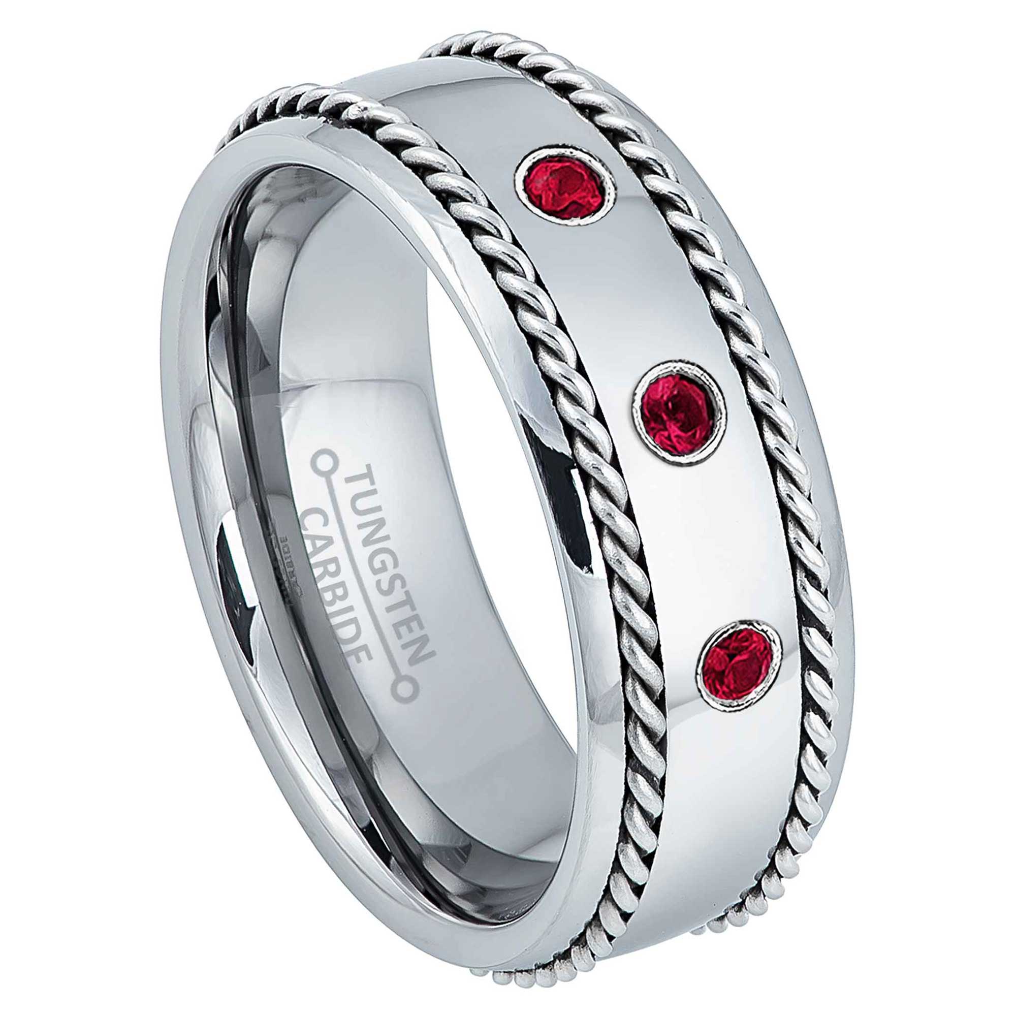 Personalized 0.21 Ct. 3-stone Ruby Tungsten Carbide Mens Wedding Band, Comfort-fit, 8mm Double Cable Tungsten Ring