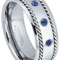 8mm Double Cable Tungsten Carbide Wedding Band with 3 Blue Sapphire Gemstones in 14K White Gold Bezel Setting