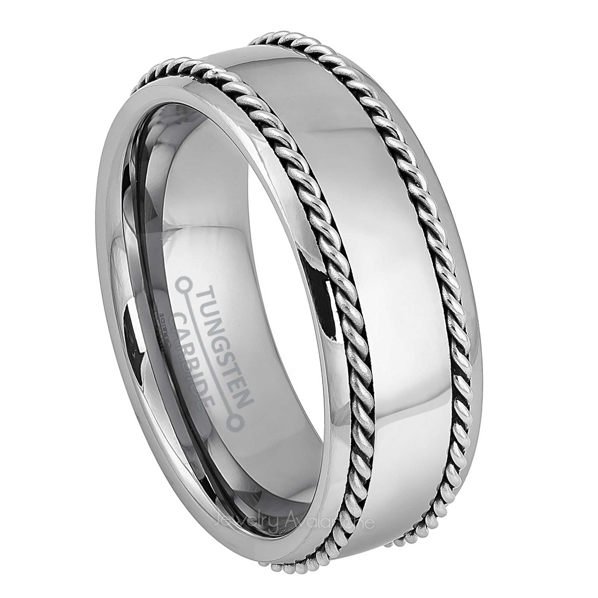 8mm Mens Tungsten Wedding Band, Steel Rope Inlaid Comfort-Fit, Semi-Dome Style, Tungsten Carbide Ring