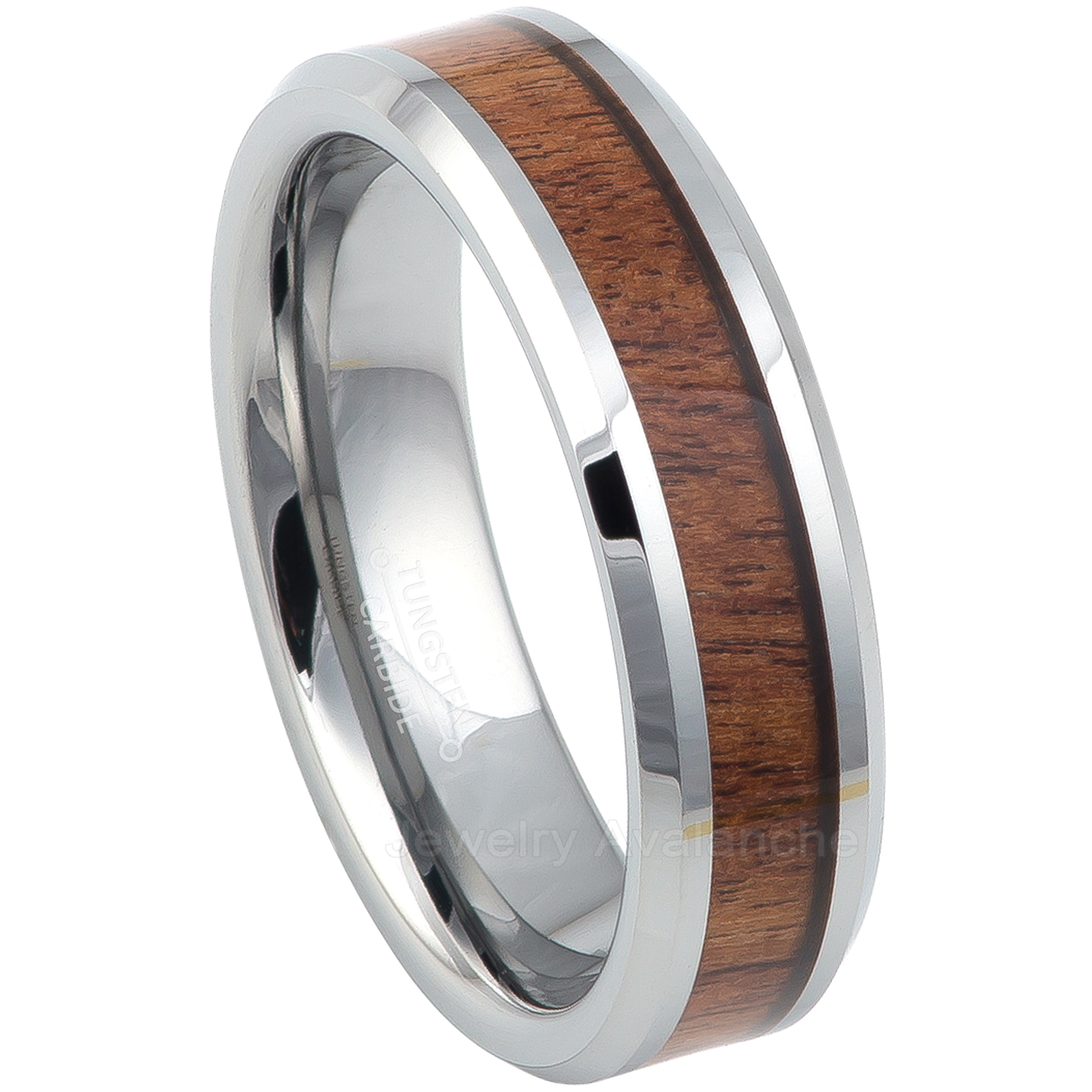 6mm Tungsten Wedding Ring, Polished Beveled Edge Tungsten Band Mahogany Wood Inlay, Comfort Fit Ring