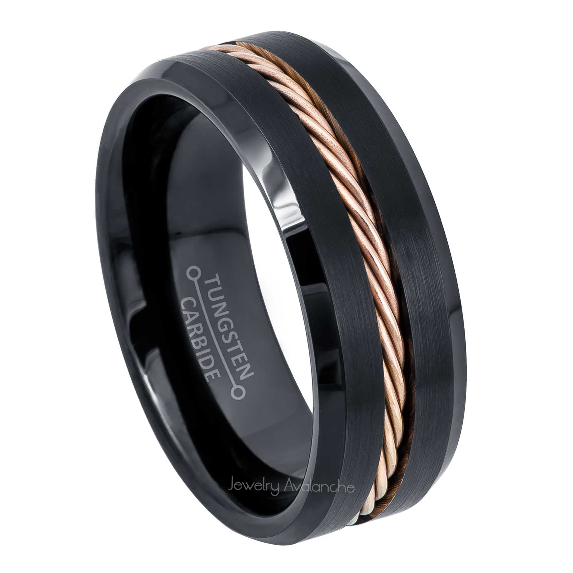 8mm Mens Black Tungsten Wedding Band, Rope Inlay Comfort-Fit, Beveled Edge Style, Tungsten Carbide Ring