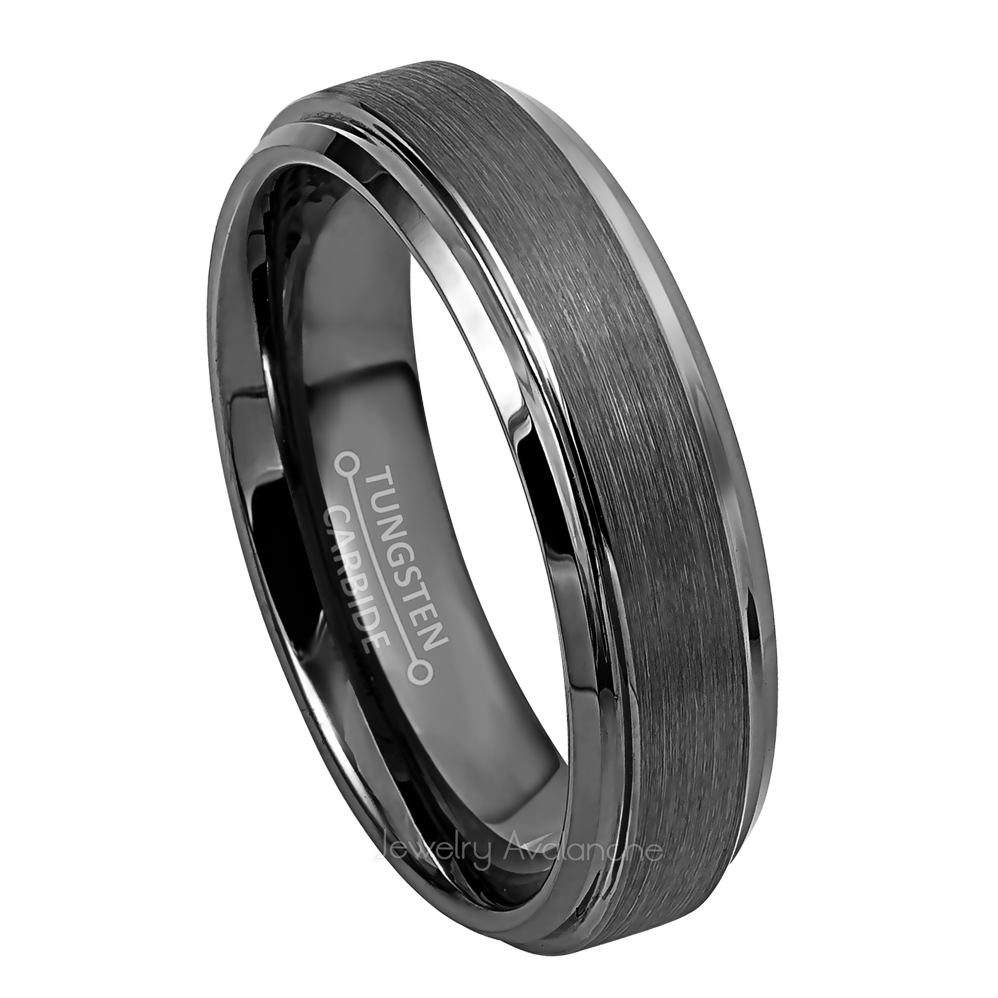 6mm Womens Gun Metal Tungsten Wedding Band, Brushed Center Comfort-Fit, Stepped Edge Style, Tungsten Carbide Ring