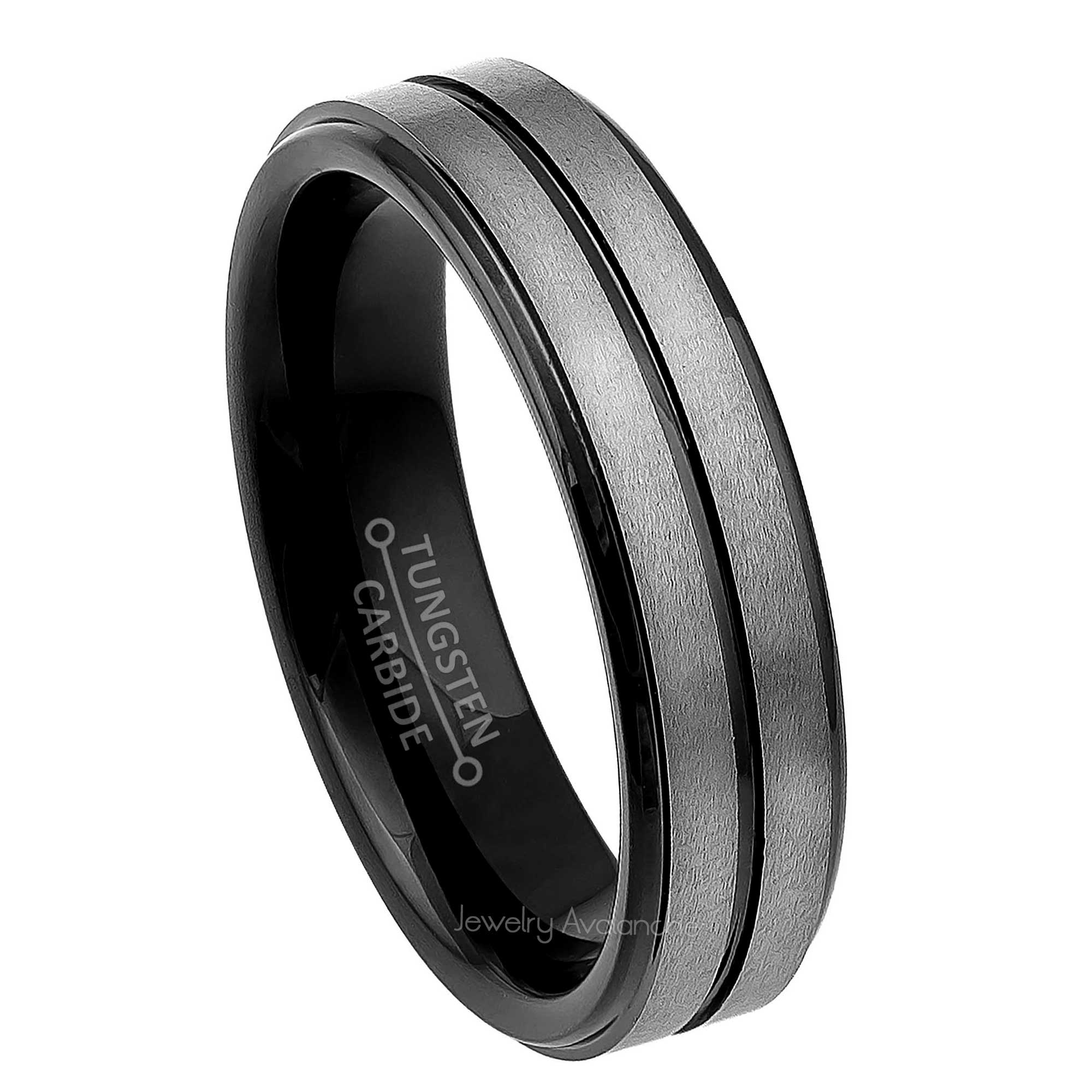 6mm Womens Black Tungsten Wedding Band, Groove Center Comfort-Fit, Stepped Edge Style, Tungsten Carbide Ring