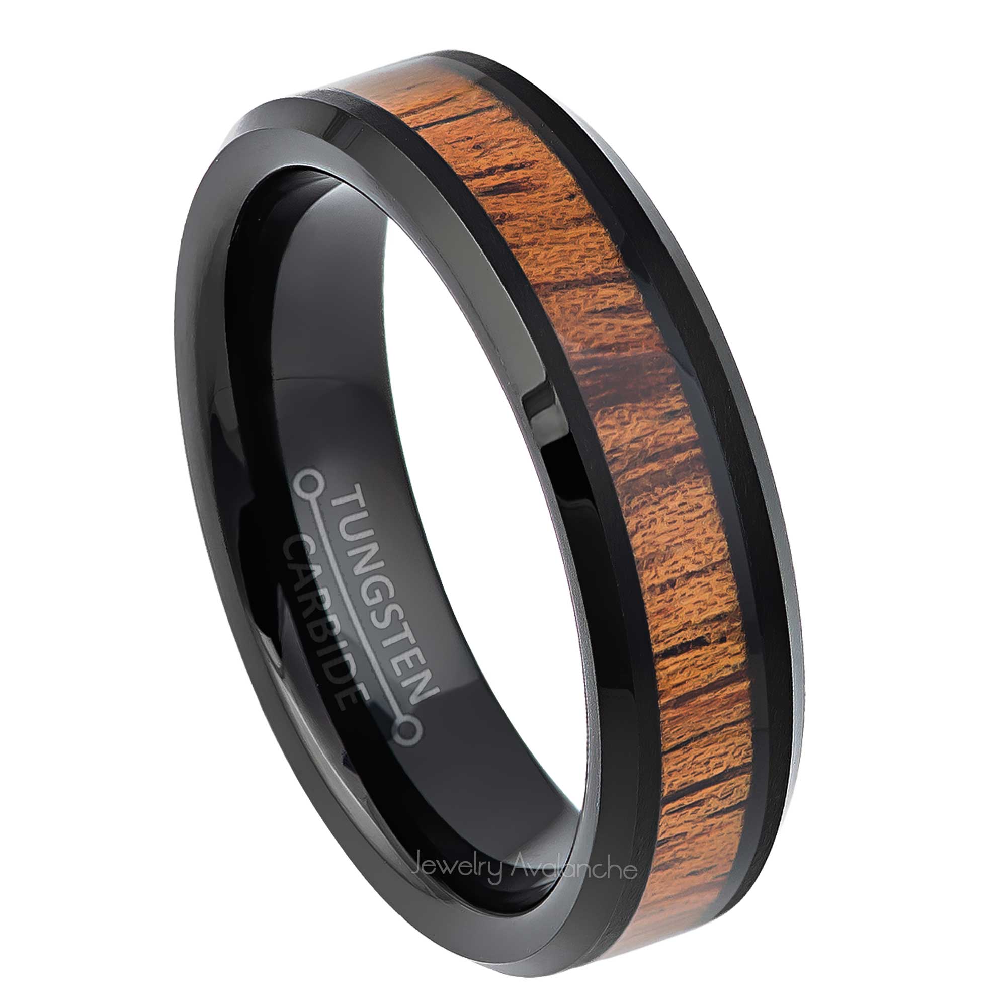 6mm Womens Black Tungsten Wedding Band, Wood Inlay Comfort-Fit, Beveled Edge Style, Tungsten Carbide Ring