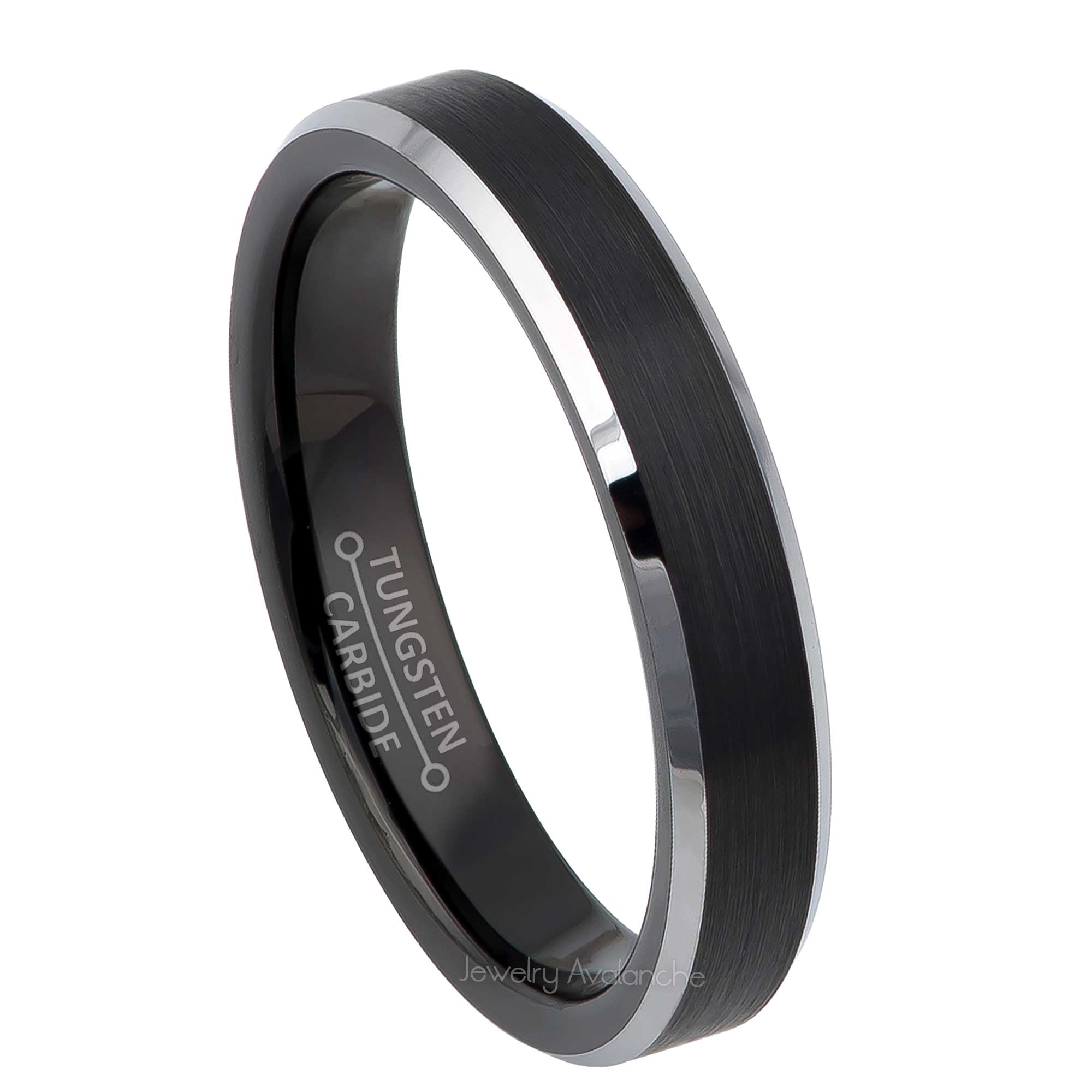 4mm Womens Black Tungsten Wedding Band, Brushed Center Comfort-Fit, Beveled Edge Style, Tungsten Carbide Ring