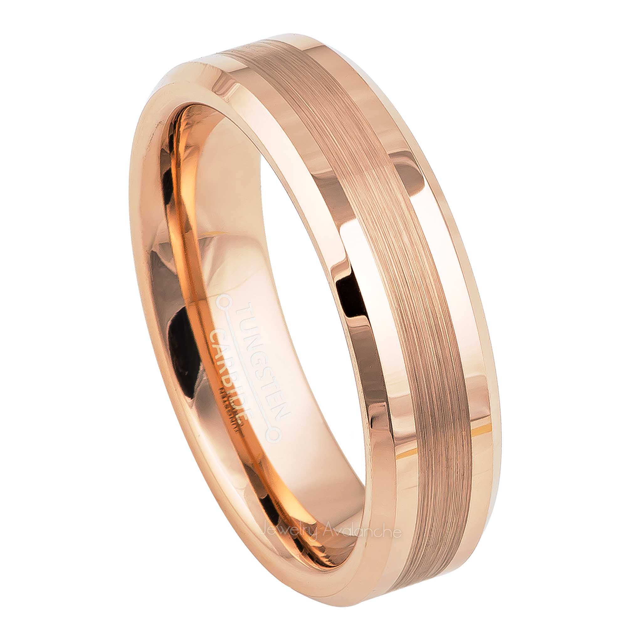 6mm Womens Rose Gold Tungsten Wedding Band, Brushed Center Comfort-Fit, Beveled Edge Style, Tungsten Carbide Ring