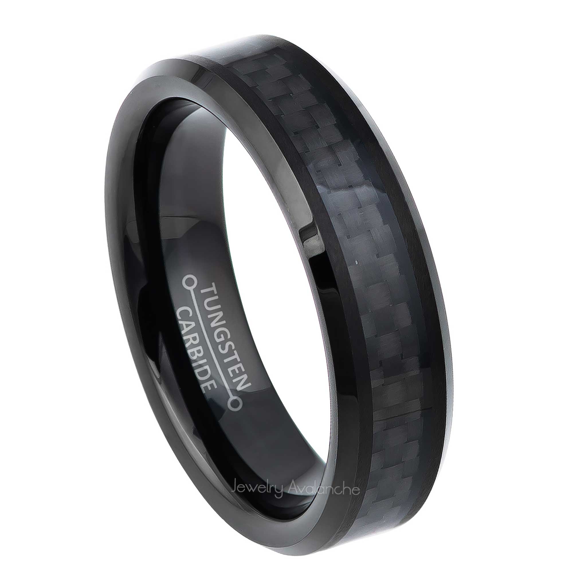 6mm Womens Black Tungsten Wedding Band, Carbon Fiber Inlay Comfort-Fit, Beveled Edge Style, Tungsten Carbide Ring