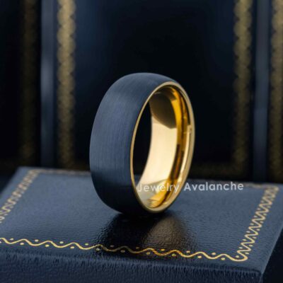 8mm Mens 2-Tone Yellow Gold Tungsten Wedding Band, Brushed Center Comfort-Fit, Dome Style, Tungsten Carbide Ring