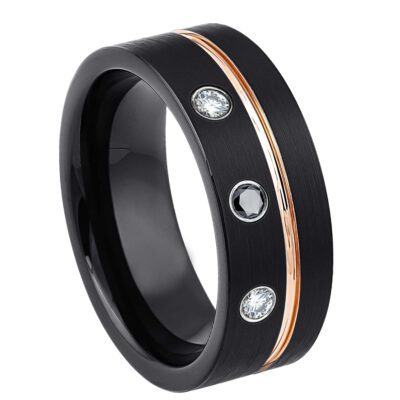 Personalized Black Pipe Cut Tungsten Wedding Band with 3 Black Diamond Gemstones, Rose Gold Grooved Trim, Comfort-fit, Mens Engagement Band, Anniversary Ring, 8MM