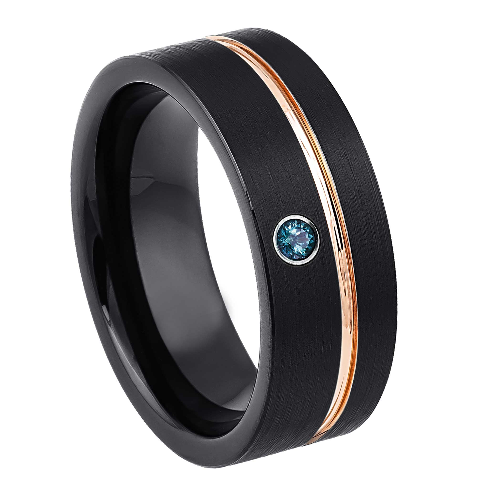 Personalized Black Pipe Cut Tungsten Wedding Band with Blue Diamond Gemstone, Rose Gold Grooved Trim, Comfort-fit, Mens Engagement Band, Anniversary Ring, 8MM