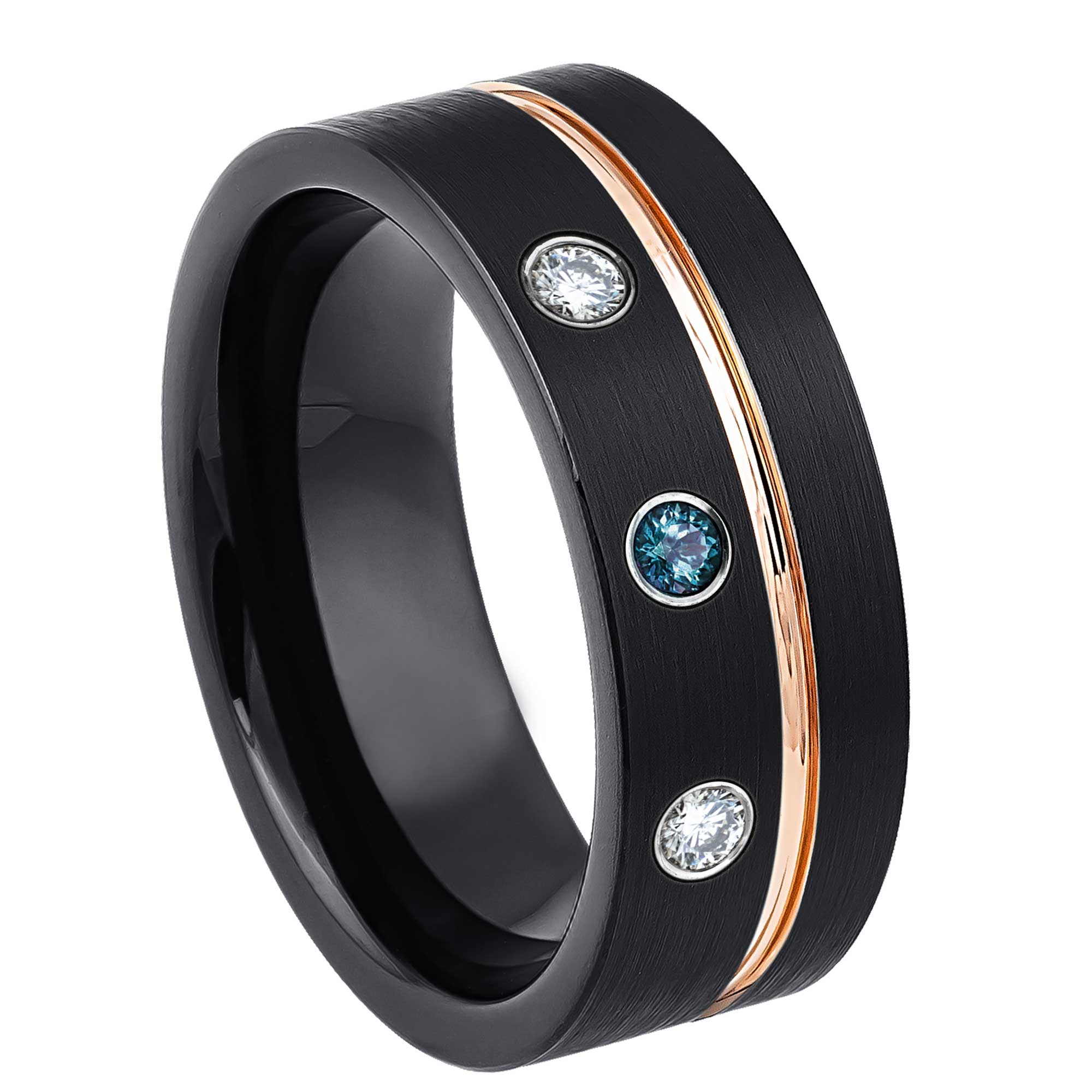 Personalized Black Pipe Cut Tungsten Wedding Band Blue Diamond Gemstone and Diamond, Rose Gold Grooved Trim, Comfort-fit, Mens Engagement Band, Anniversary Ring, 8MM