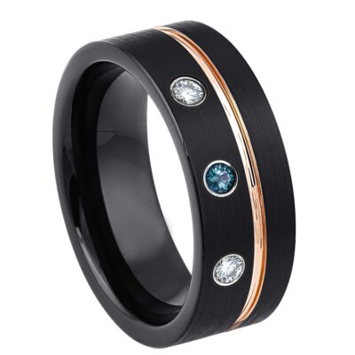 Personalized Black Pipe Cut Tungsten Wedding Band with 3 Blue Diamond Gemstones, Rose Gold Grooved Trim, Comfort-fit, Mens Engagement Band, Anniversary Ring, 8MM