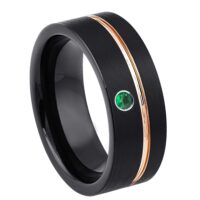 Personalized Black Pipe Cut Tungsten Wedding Band with Emerald Gemstone, Rose Gold Grooved Trim, Comfort-fit, Mens Engagement Band, Anniversary Ring, 8MM