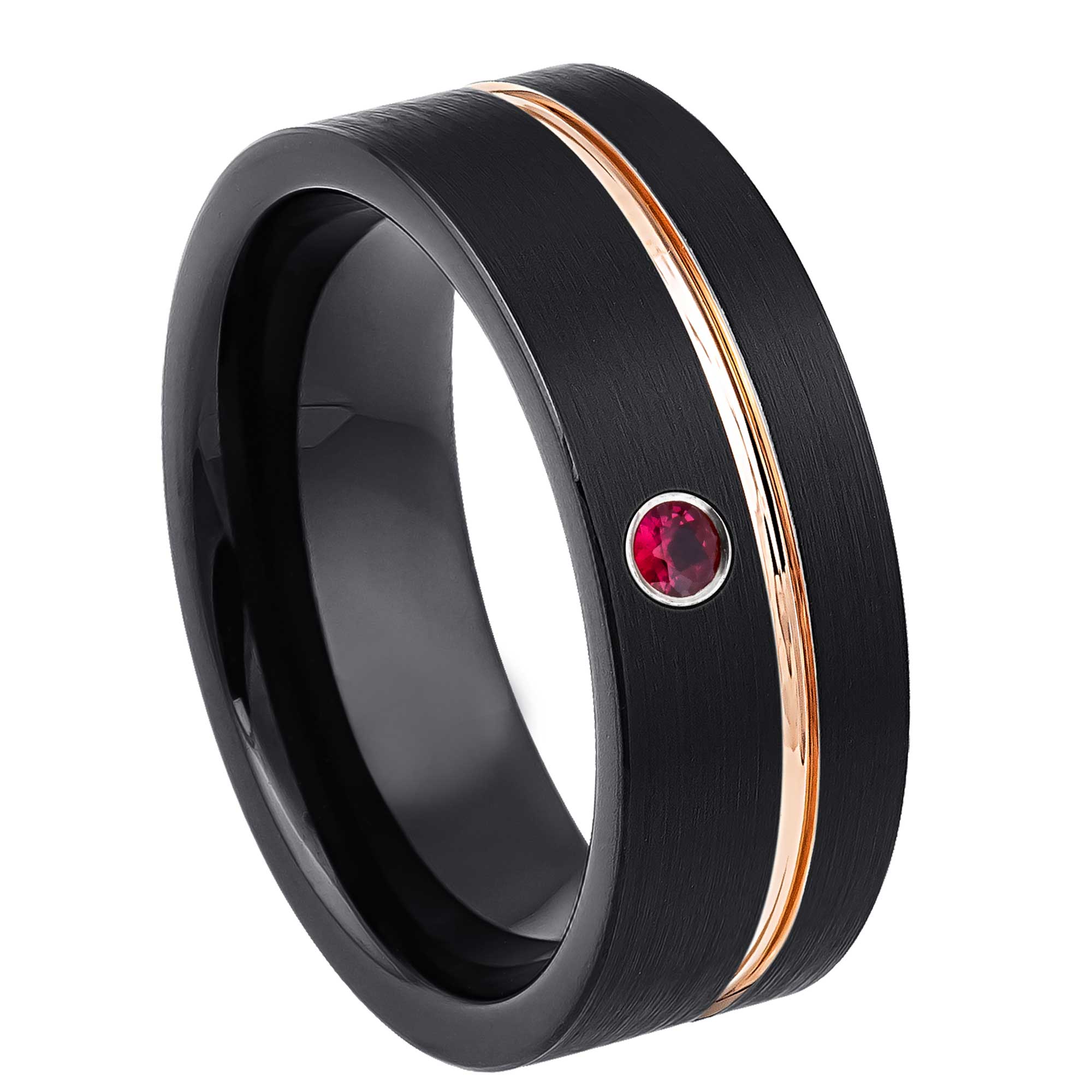 Personalized Black Pipe Cut Tungsten Wedding Band with Ruby Gemstone, Rose Gold Grooved Trim, Comfort-fit, Mens Engagement Band, Anniversary Ring, 8MM