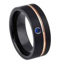 Personalized Black Pipe Cut Tungsten Wedding Band with Blue Sapphire Gemstone, Rose Gold Grooved Trim, Comfort-fit, Mens Engagement Band, Anniversary Ring, 8MM