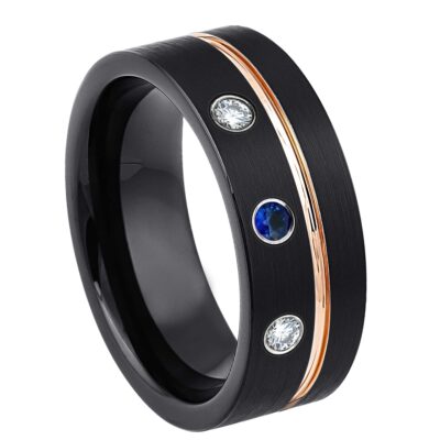 Personalized Black Pipe Cut Tungsten Wedding Band with 3 Blue Sapphire Gemstones, Rose Gold Grooved Trim, Comfort-fit, Mens Engagement Band, Anniversary Ring, 8MM