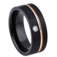 Personalized Black Pipe Cut Tungsten Wedding Band with Diamond Gemstone, Rose Gold Grooved Trim, Comfort-fit, Mens Engagement Band, Anniversary Ring, 8MM