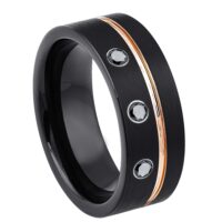 Personalized Black Pipe Cut Tungsten Wedding Band with 3 Black Diamond Gemstones, Rose Gold Grooved Trim, Comfort-fit, Mens Engagement Band, Anniversary Ring, 8MM