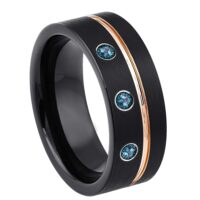 Personalized Black Pipe Cut Tungsten Wedding Band with 3 Blue Diamond Gemstones, Rose Gold Grooved Trim, Comfort-fit, Mens Engagement Band, Anniversary Ring, 8MM